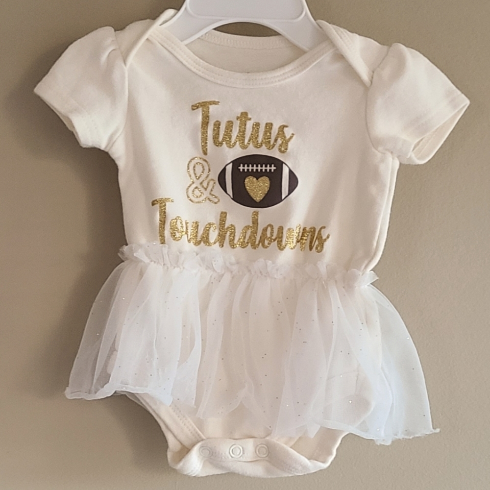"Tutus & Touchdowns" ivory onesie/bodysuit with attached tutu